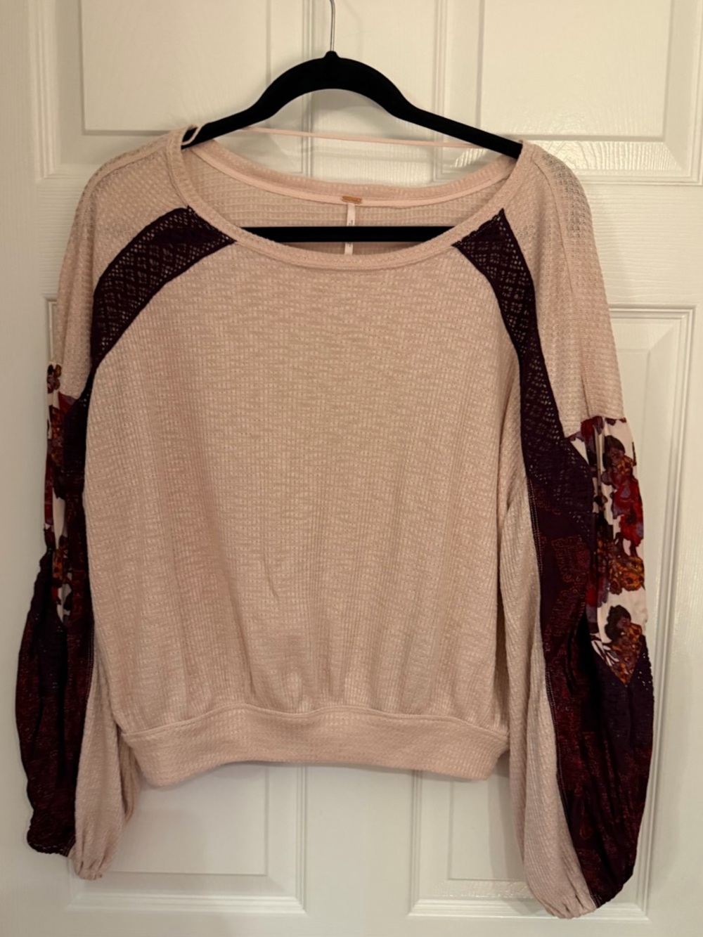 Free People Blush Ribbed Knit Floral Patch Top